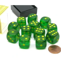 Borealis 16mm D6 Chessex Dice Block (12 Die) - Maple Green with Yellow Pips - Your Source for Gaming Essentials