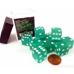 Case with 12 16mm Glow in the Dark Dice - Lime Color with White Pips - Your Source for Gaming Essentials