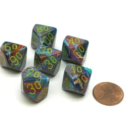 Festive 16mm Tens D10 (00-90) Dice, 6 Pieces - Mosaic with Yellow Numbers - Your Source for Gaming Essentials