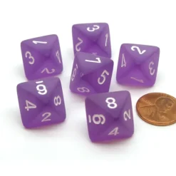 Frosted 15mm 8 Sided D8 Chessex Dice, 6 Pieces - Purple with White - Your Source for Gaming Essentials